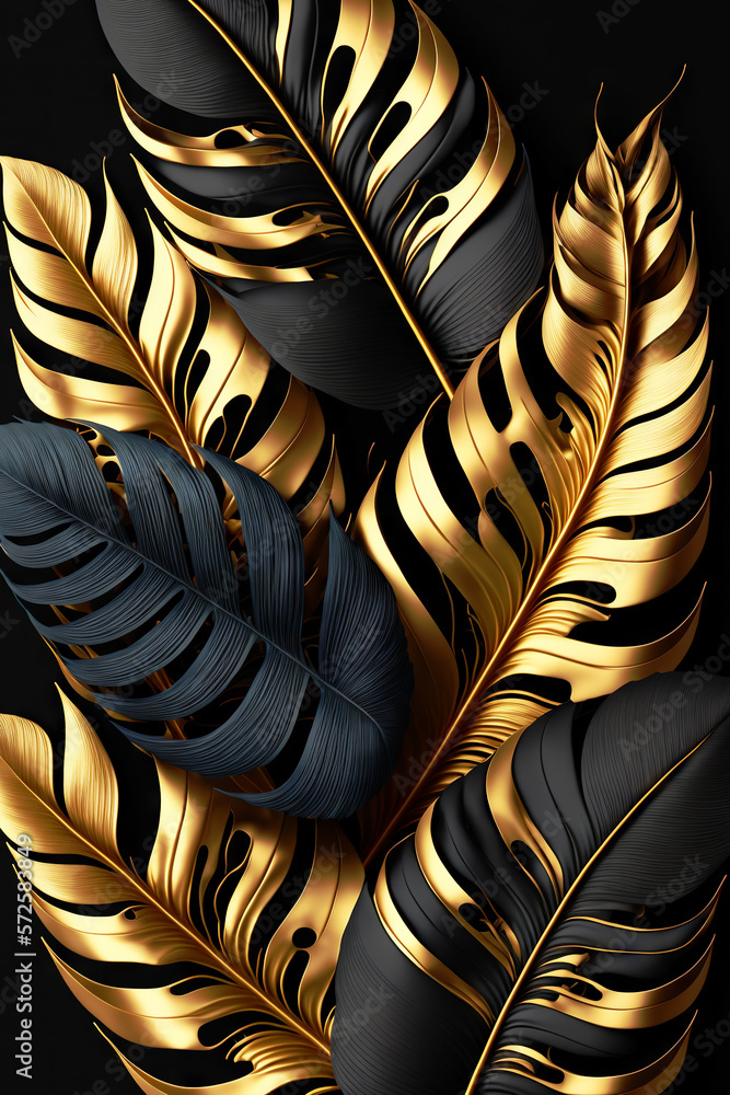 Black and gold tropical leaves background. Golden foliage leaf texture. View of palm plants. Generat