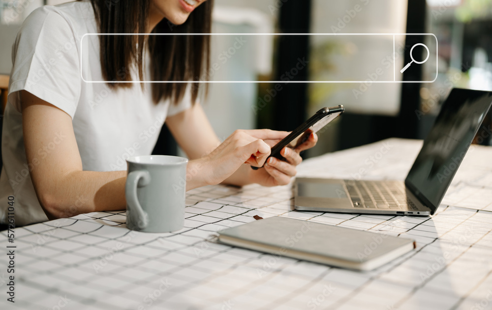 Searching Browsing Internet Data Information Networking Concept with blank search bar.woman working 