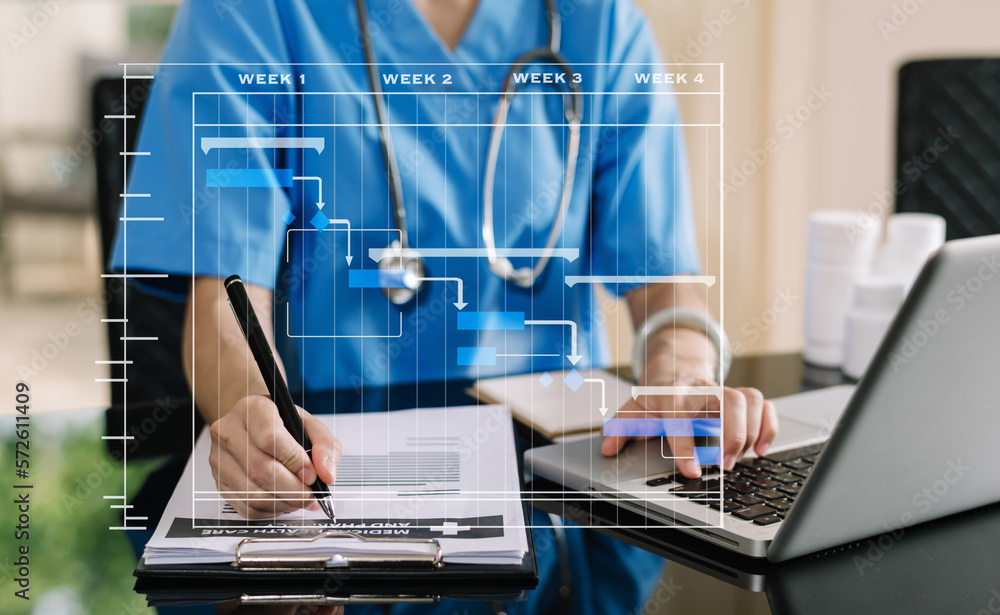 Project manager working and update tasks with Gantt chart scheduling diagram at hospital .success sm