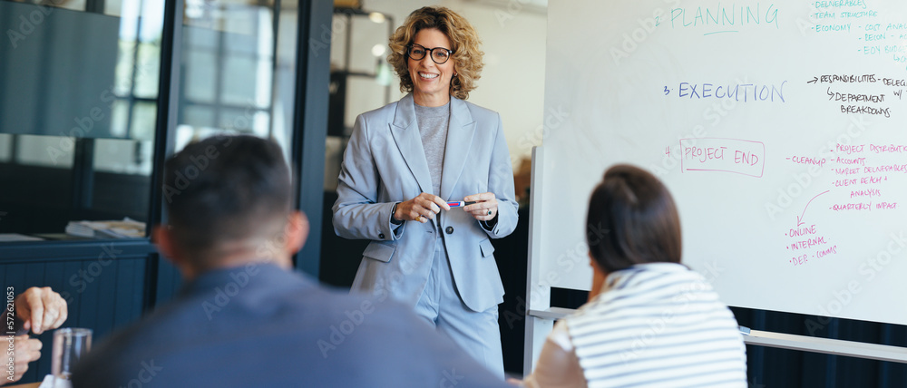 Business woman standing in front her team discussing her ideas. Business team having a meeting in a 