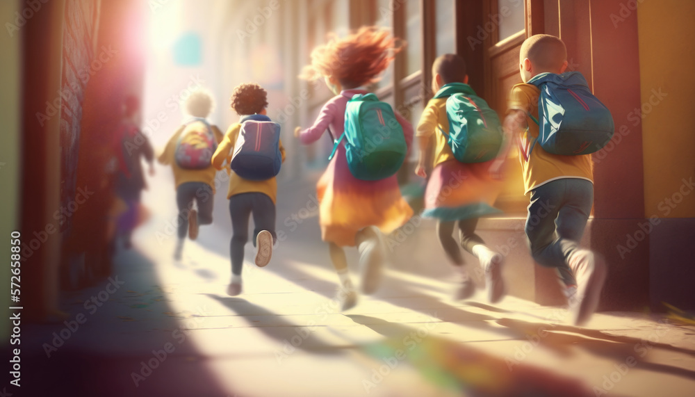 A group of schoolchildren with backpacks runs to school. Generative AI