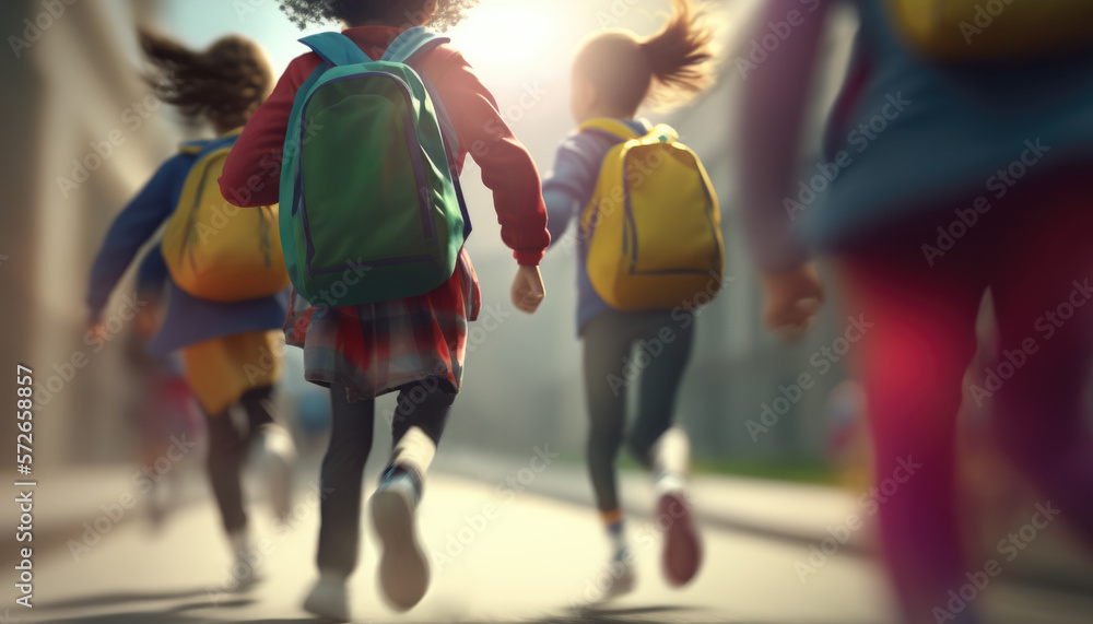 A group of schoolchildren with backpacks runs to school. Generative AI