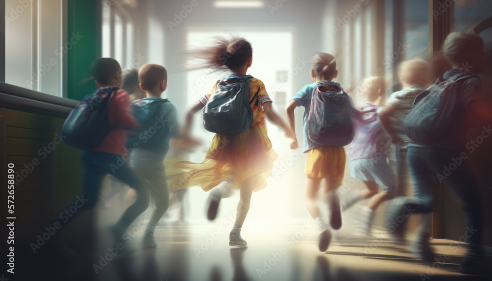 A group of schoolchildren with backpacks runs to school. Generative AI