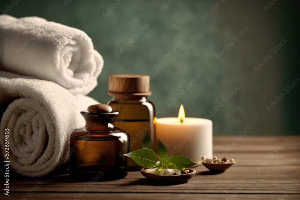 AI Generative image, spa accessory composition set in spa hotel , beauty wellness center . Spa produ