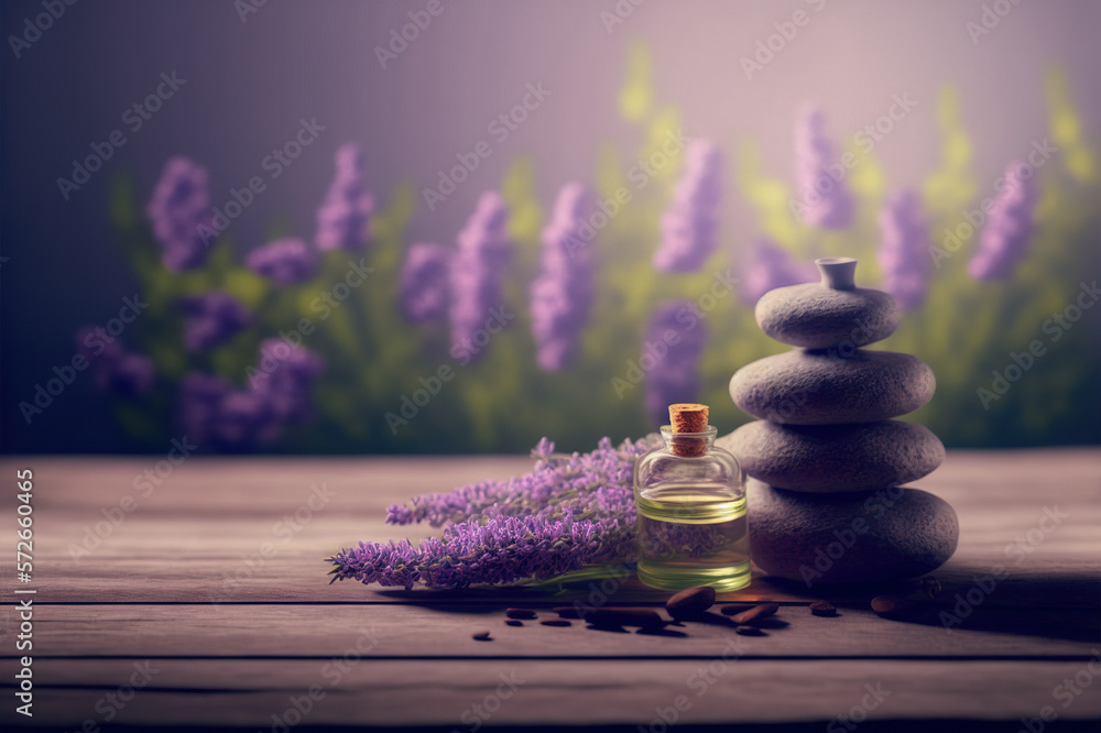 AI Generative image, spa lavender composition set in spa hotel , beauty wellness center . Spa produc