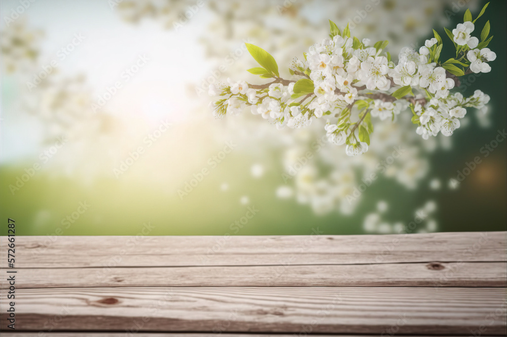 Empty table for product display with flower spring blur background . Sublime Generative AI image .