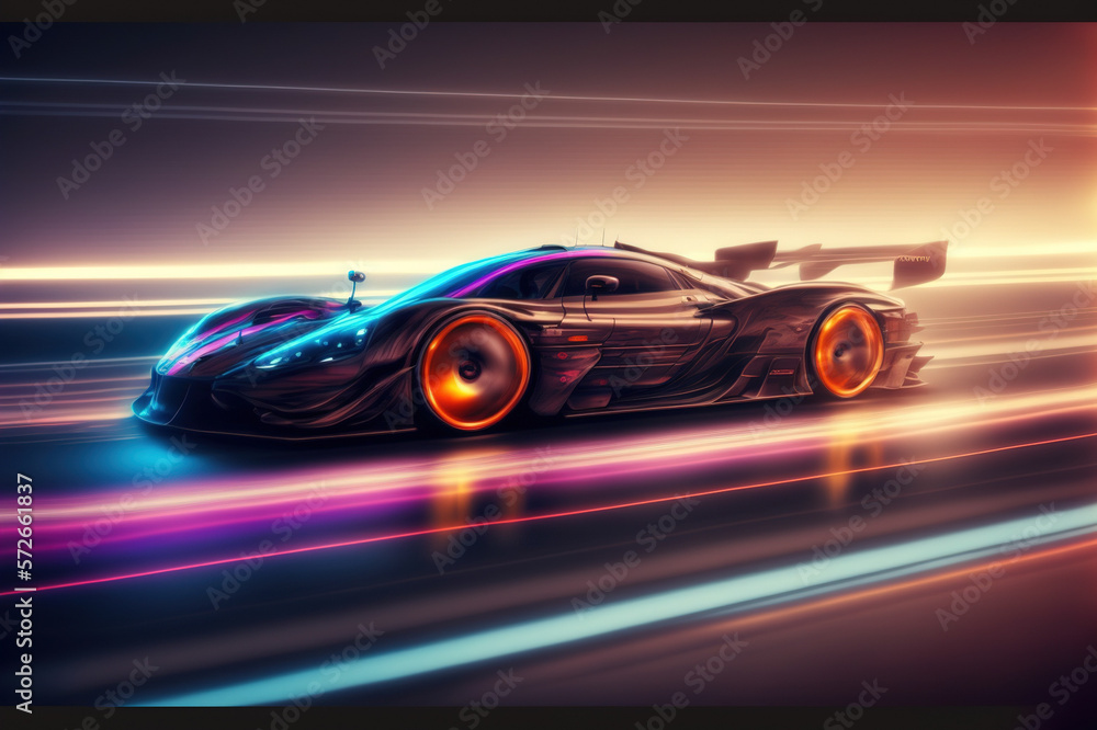 Speeding fast sports car drives on highway road with motion blur effects creating light trailing env