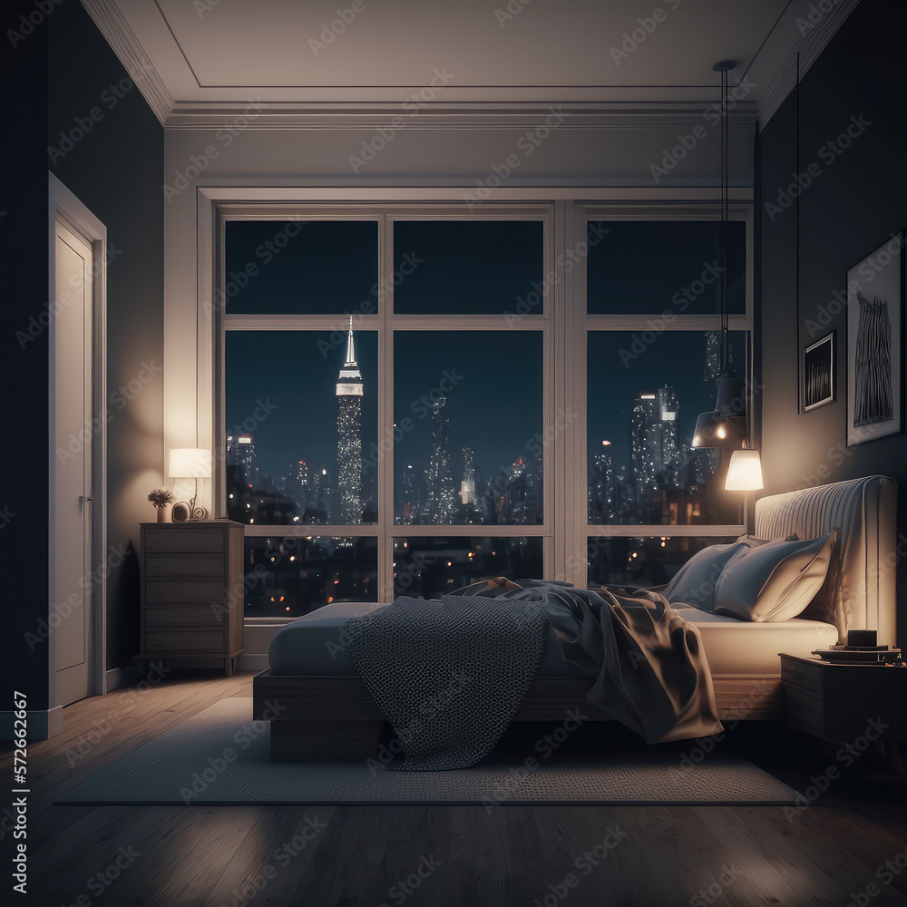 Interior of luxury penthouse bedroom at night. Peculiar AI generative image.