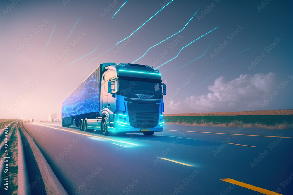 Self driving futuristic freight truck deliver goods to warehouse on city highway road with advanced 