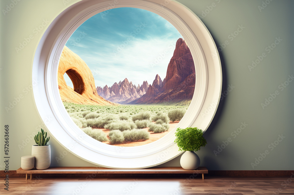 A room with round glass window overlooking beautiful landscape background . Hotel futuristic showroo