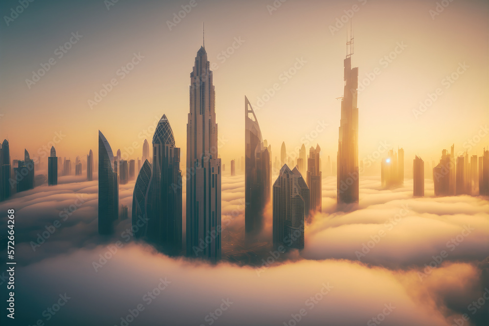 Top of skyscrapers building high above the clouds in the morning sunrise . Futuristic architecture o