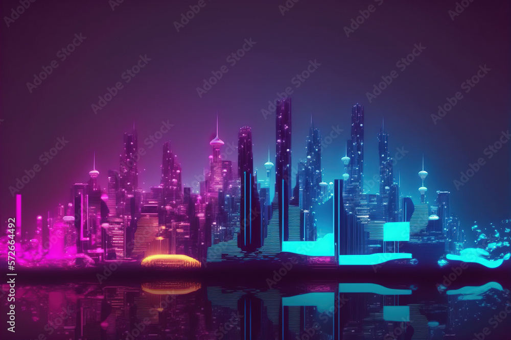 Futuristic city with neon light pink and blue illuminated skyline . Sublime Generative AI image .