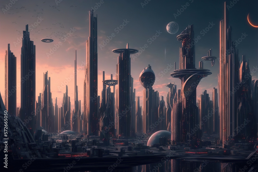 Skyline of futuristic city with fictional architecture in panoramic view . Megalopolis landscape wit