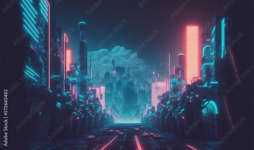 Futuristic city scene with neon light illuminated the dark fictional city street . Sublime Generativ