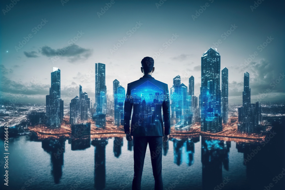 Businessman walking on virtual reality platform to futuristic smart city of opportunity with interne