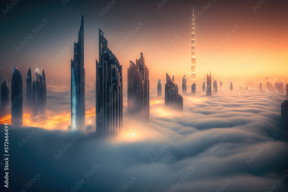 Top of skyscrapers building high above the clouds in the morning sunrise . Futuristic architecture o