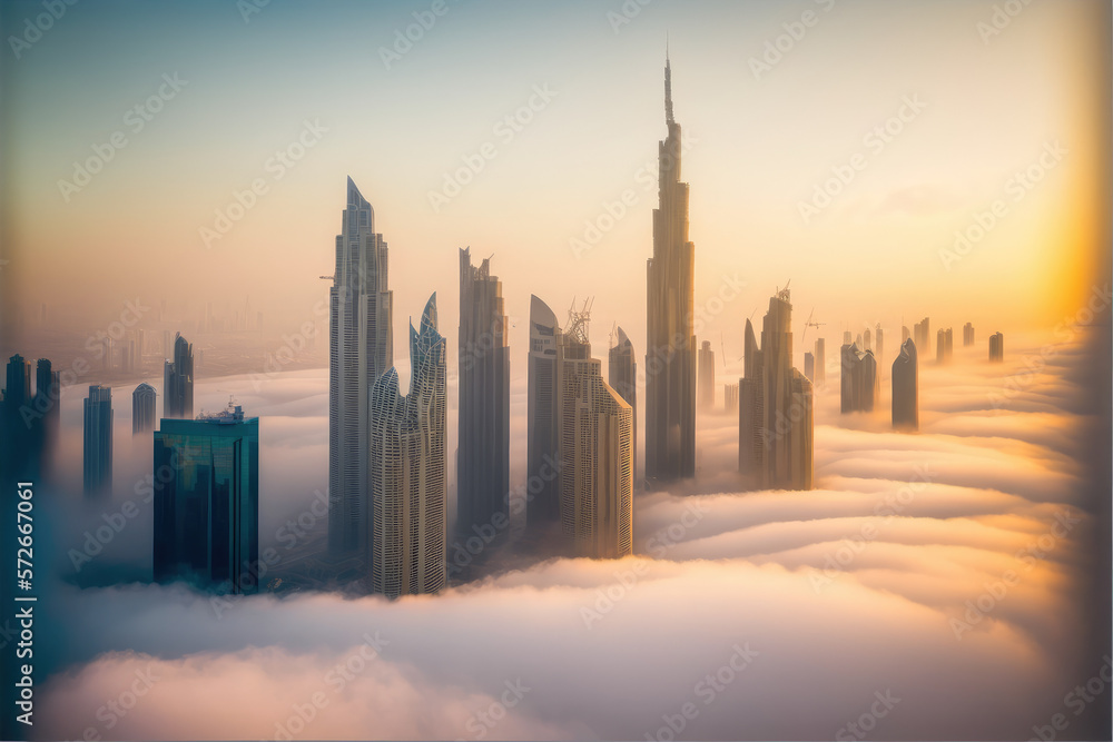 Top of skyscrapers building high above the clouds in the morning sunrise . Futuristic architecture o