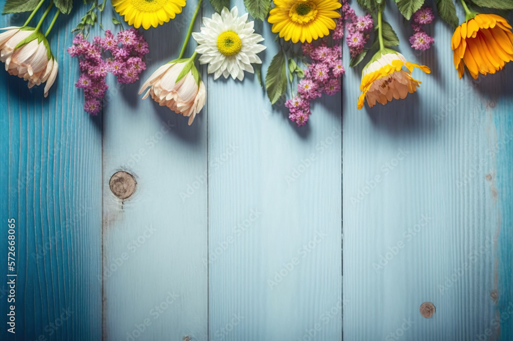 Flat lay view of flower on wood background, vintage color . Sublime Generative AI image .