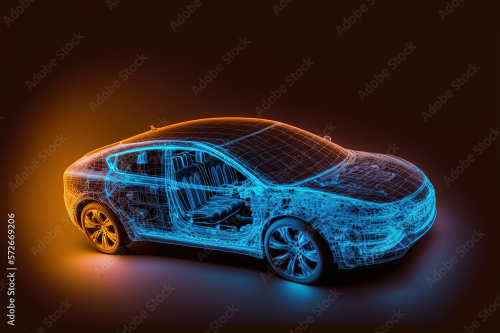 Virtual simulation of future electric car showing wireframe prototype model blueprint in display for