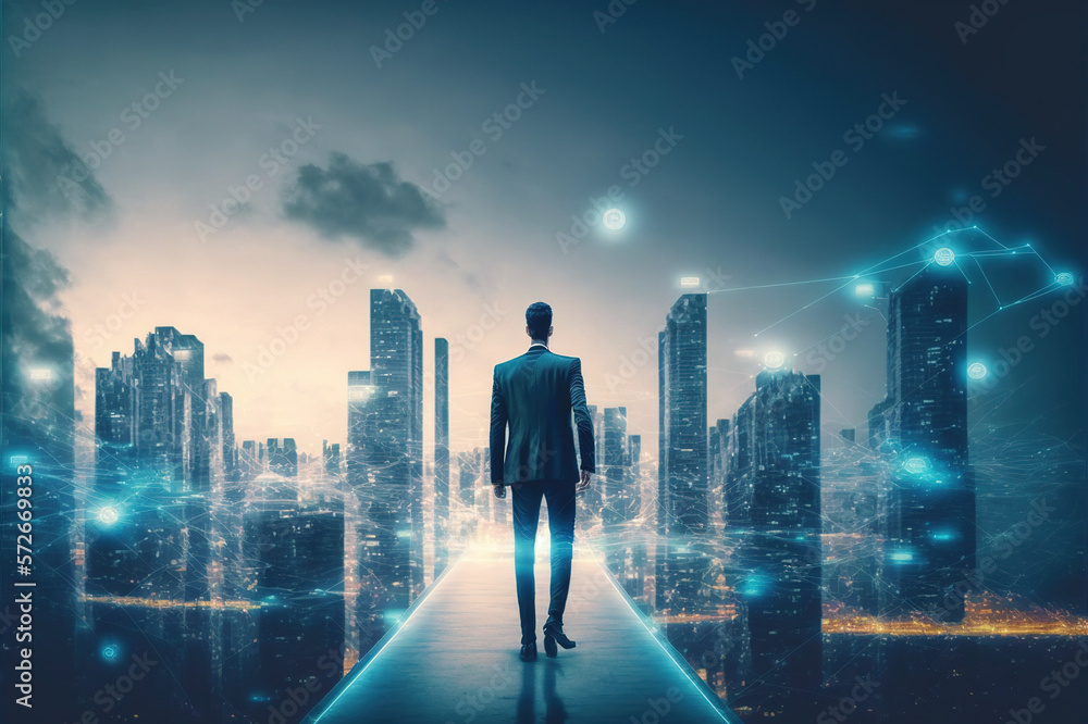 Businessman walking on virtual reality platform to futuristic smart city of opportunity with interne