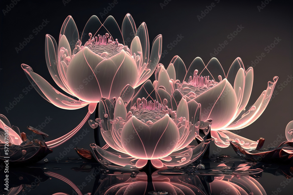 Dreamlike image of light glowing lotus flower or water lily with transparent pink illumination under