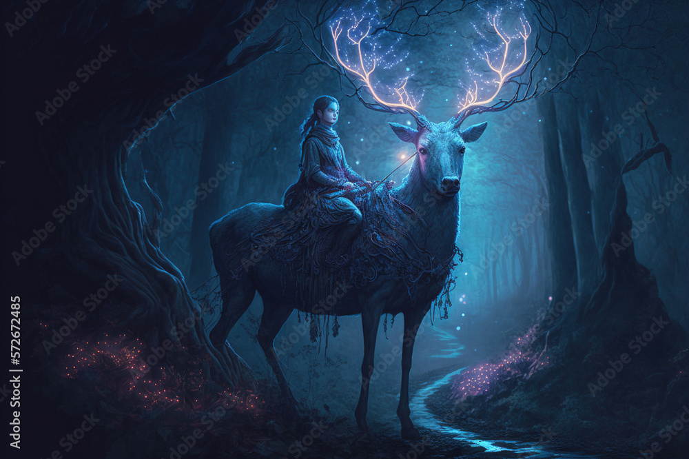 Night fantasy image of mystic woman riding deer in magical forest illumination . Sublime Generative 