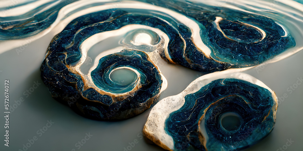 Sedate marco detailed luxurious ocean blue ripple pattern in agate form by alcohol ink. Swirled gold