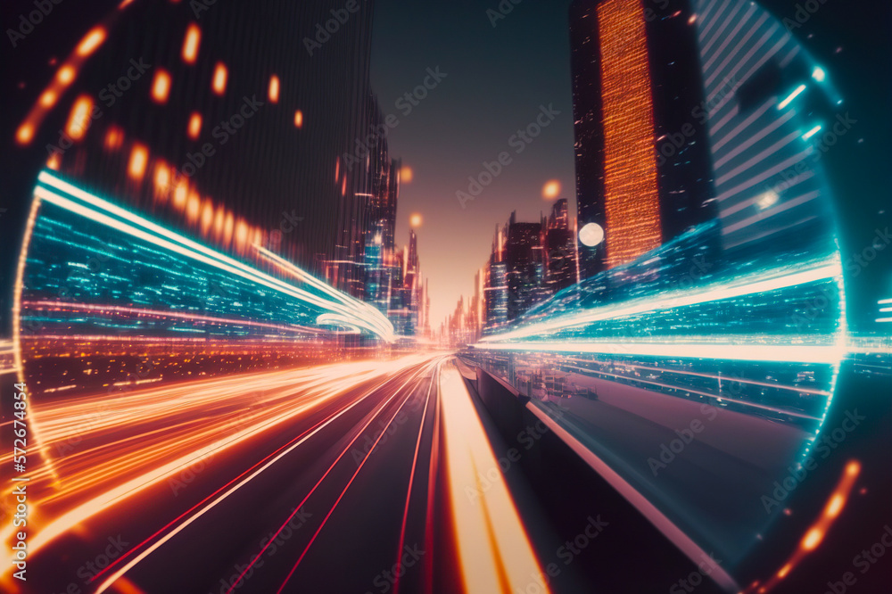 Smart digital city with high speed light trail of cars of digital data transfer . Sublime Generative