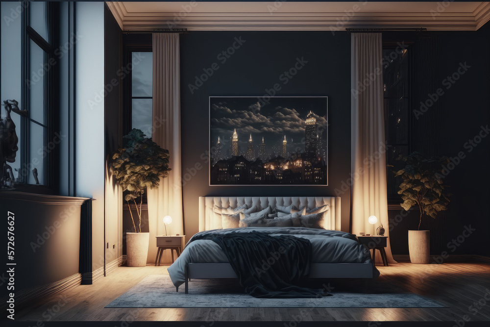 Interior of luxury penthouse bedroom at night. Peculiar AI generative image.