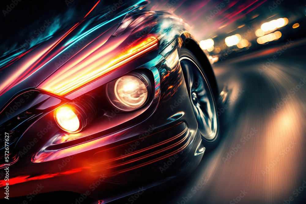 Close up car headlight running on city road . Sublime Generative AI image .