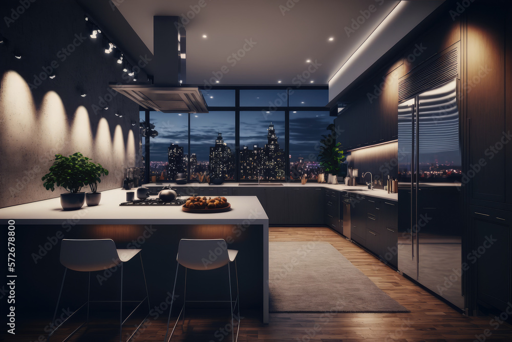 Luxury apartment kitchen at night . Luxury interior decoration design. Peculiar AI generative image.