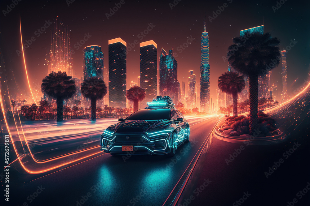 Racing sports car driving on urban city road with luxury digital technology . Sublime Generative AI 