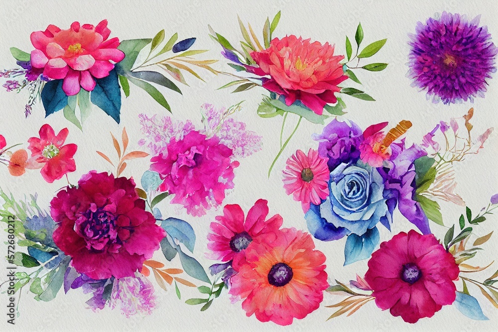 Flower bouquet set watercolor pieces of artwork design. Spring and summer flower nature in style of 