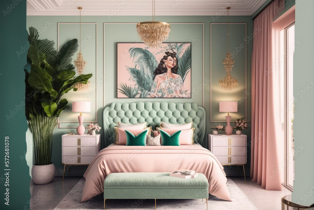 Pastel color elegant bedroom interior design. Peculiar AI generative image.