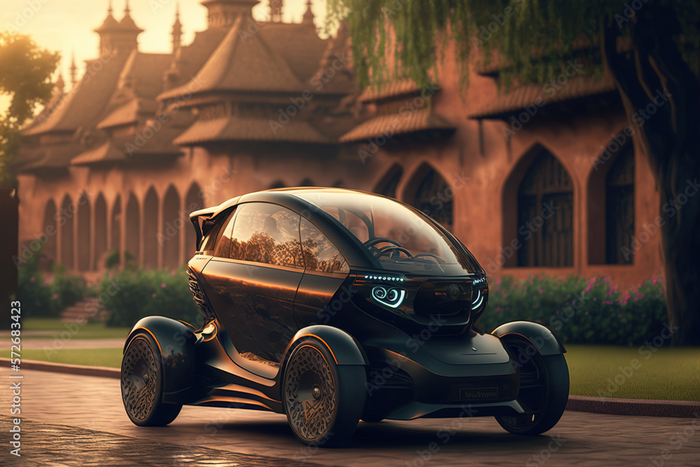 Small urban eco electric car future 3D design, electric vehicle transport . Admirable Generative AI 