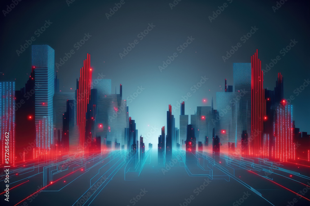 Futuristic smart city internet network connection through wireless system. Peculiar AI generative im