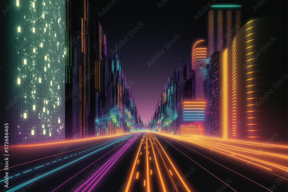 Abstract highway path through digital smart city graphic design. Peculiar AI generative image.