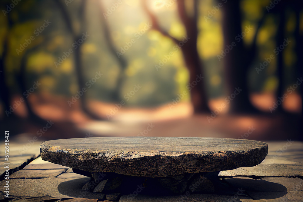 Empty stone table for product advertising display in fresh green jungle blur background . Admirable 