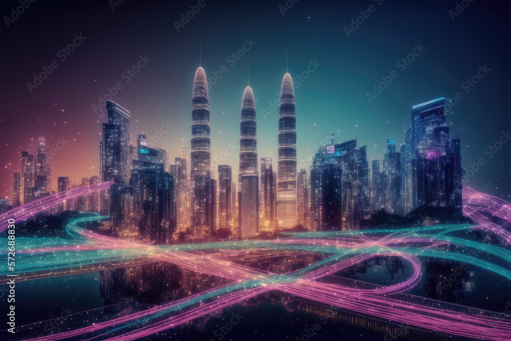 Smart city with communication network graphic connecting the city with wireless internet technology.