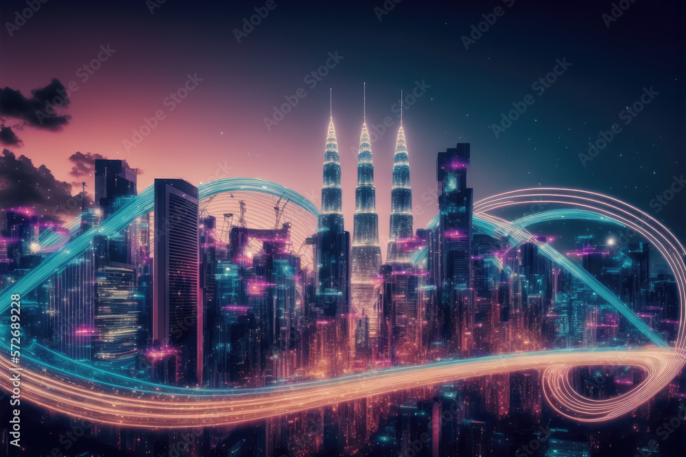 Smart city with communication network graphic connecting the city with wireless internet technology.