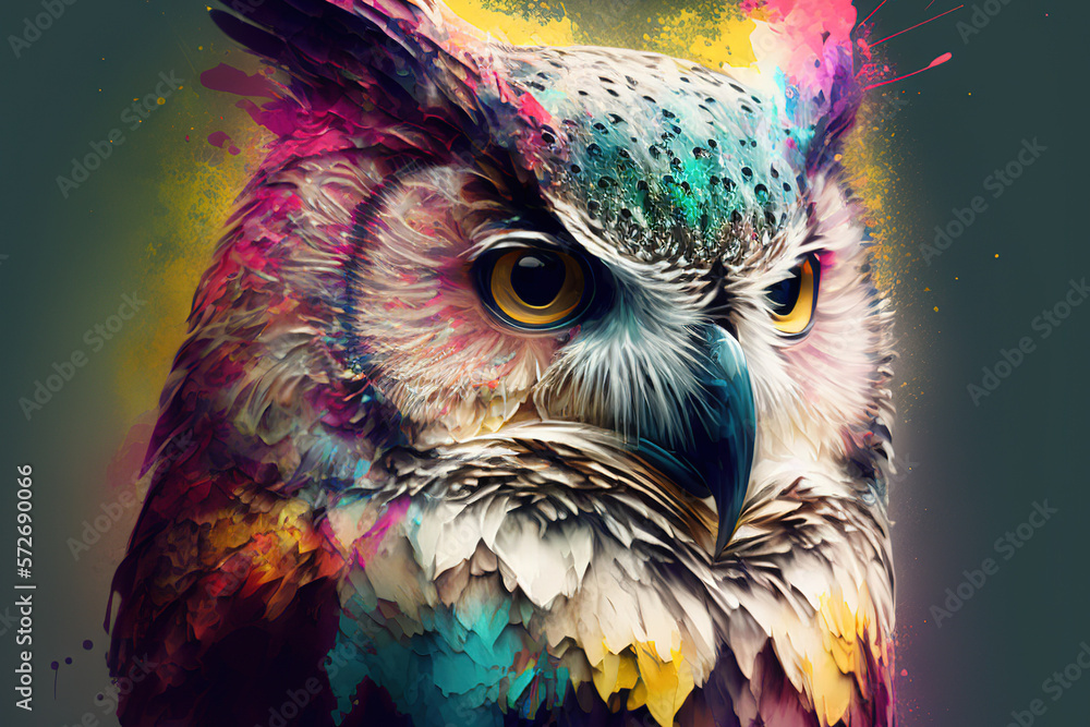 Watercolor painting of owl in style of colorful abstract art . Admirable Generative AI image .