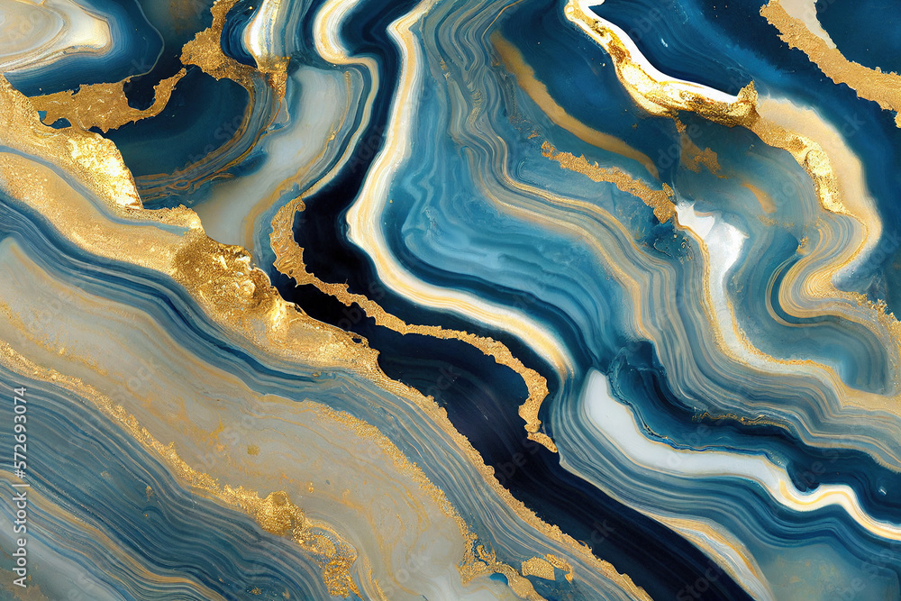 Abstract art background with a fluid marble blue and gold texture. Splendid generative AI luxury abs