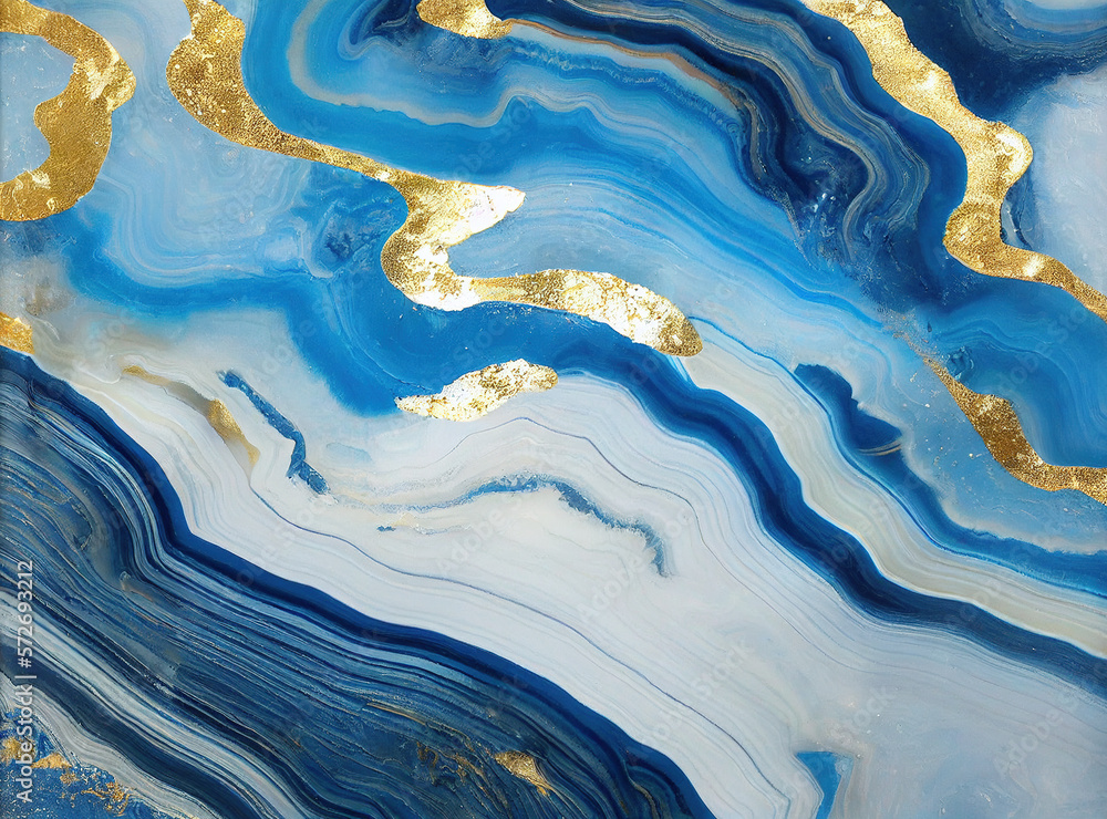 Abstract art background with a fluid marble blue and gold texture. Splendid generative AI luxury abs