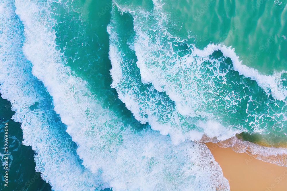 Spectacular top view from drone photo of beautiful beach with relaxing sunlight, sea water waves pou