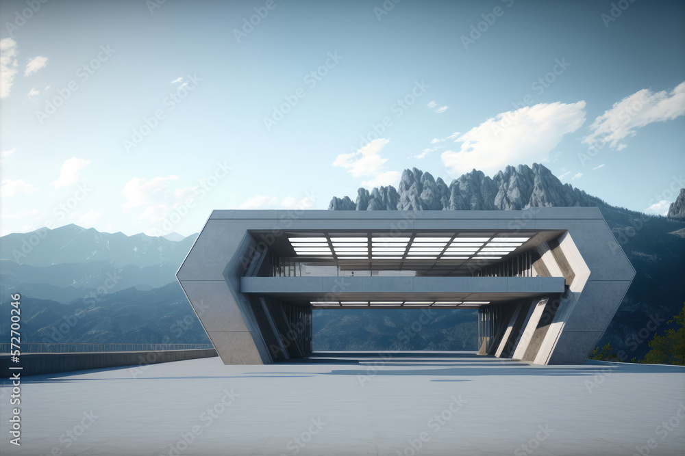 Futuristic architecture of modern hall entrance facade on high mountain top scenery with empty outdo