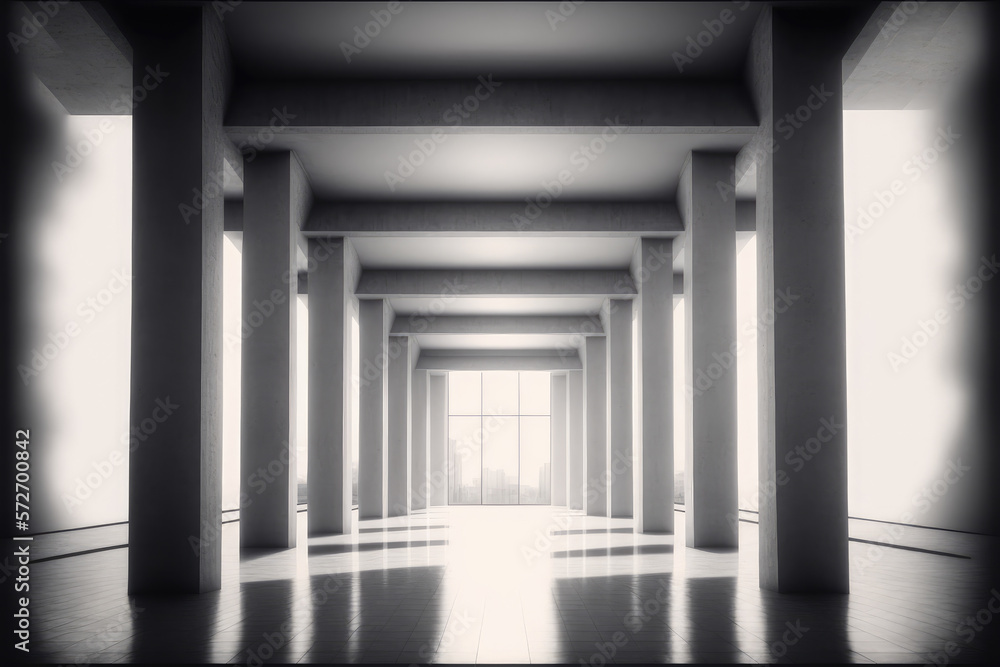 Large hall corridor inside office building background. Peculiar AI generative image.