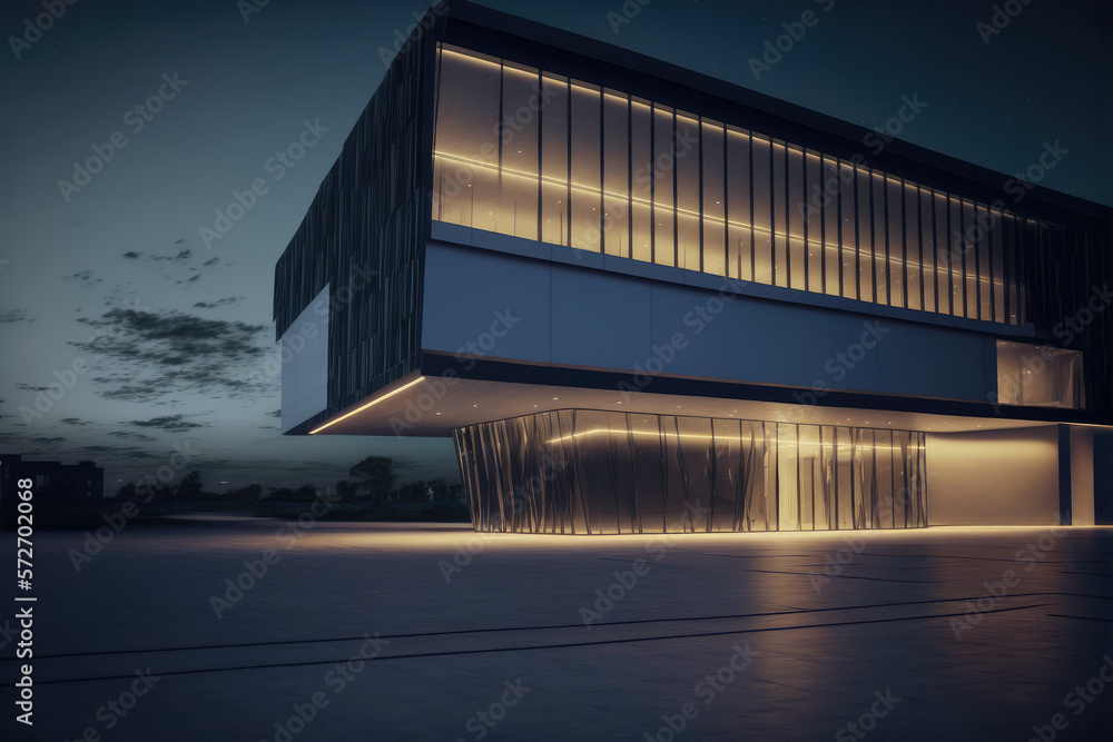 Office buildings and modern architecture at night. Peculiar AI generative image.