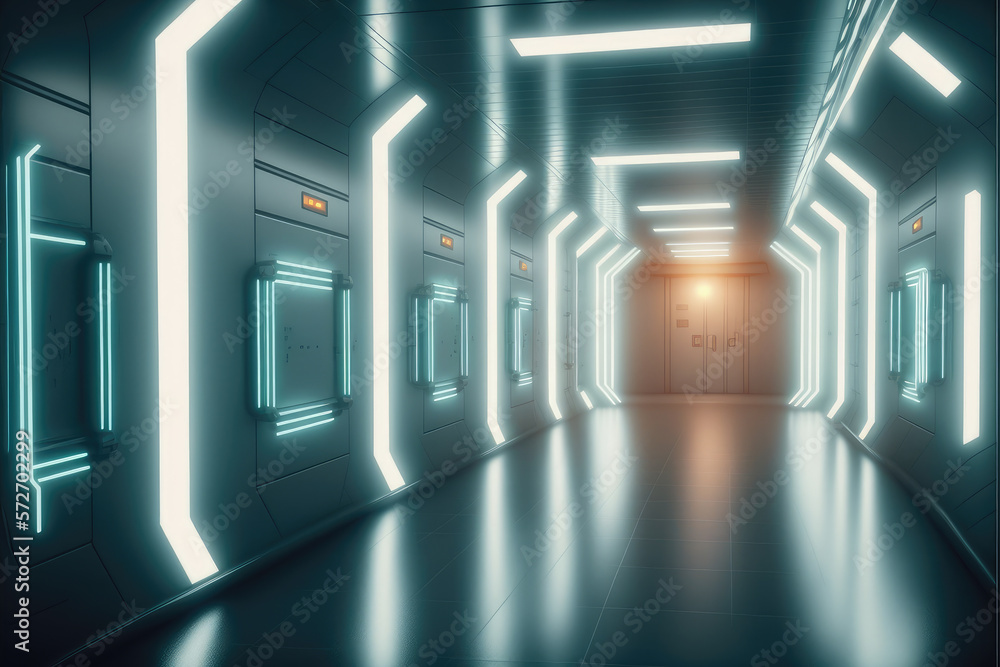 Empty sci-fi futuristic room of spaceship with blue light decoration . Super modern interior design.