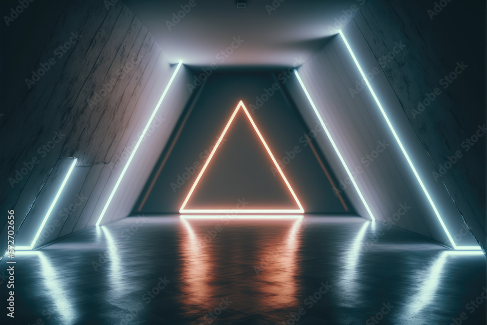 Concrete room with triangle portal illuminated by blue and orange neon light. Peculiar AI generative