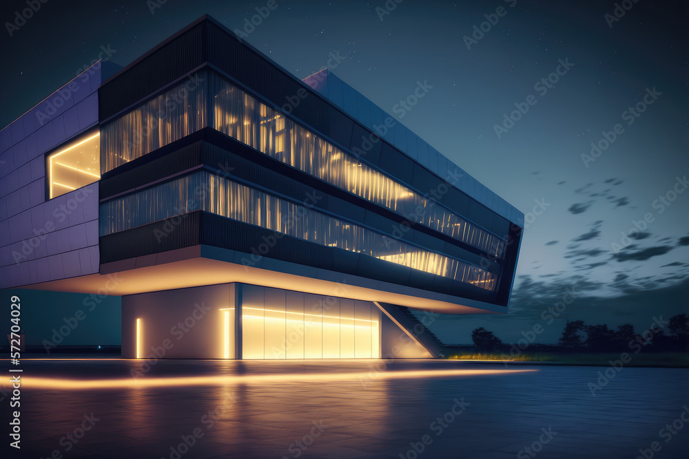 Office buildings and modern architecture at night. Peculiar AI generative image.